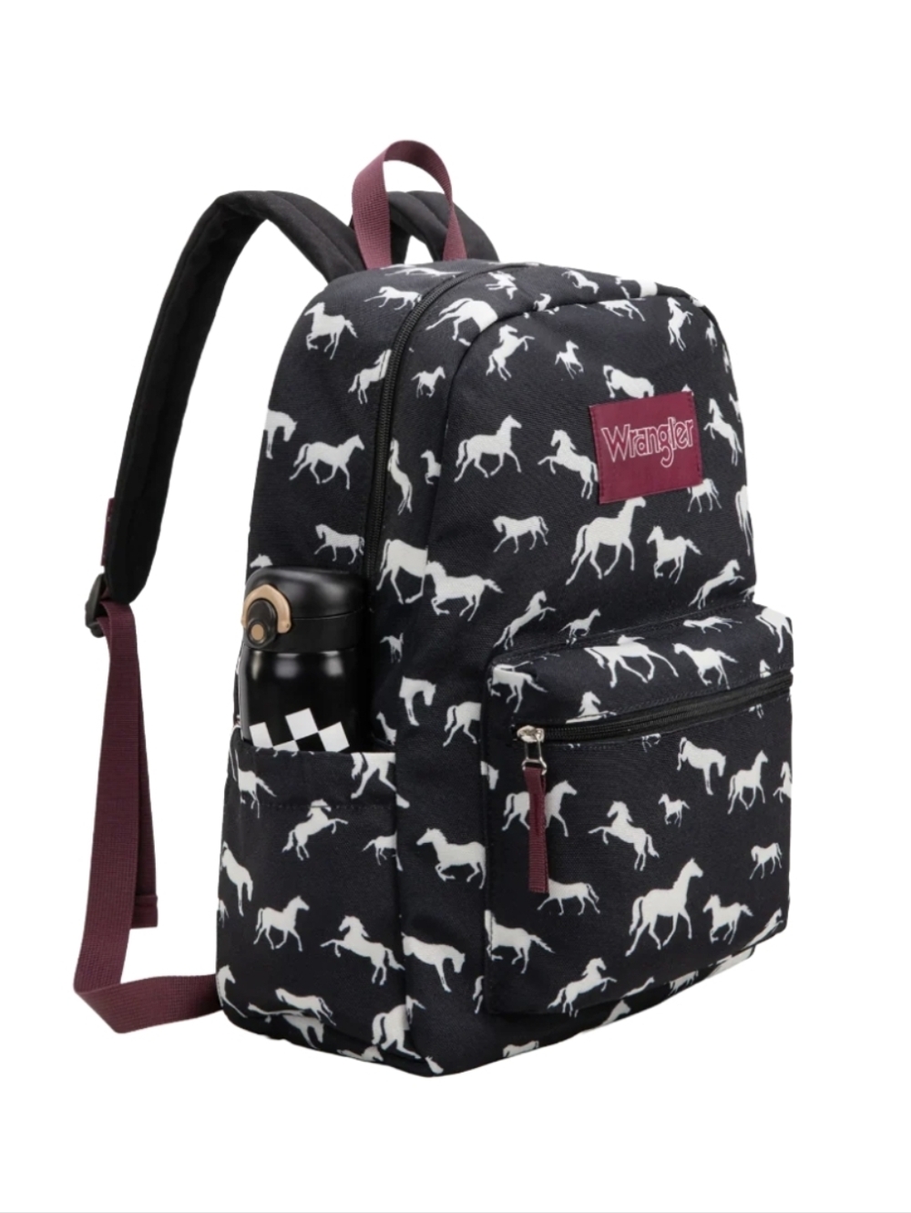 Wrangler Black Backpack with White Horse Print and Burgundy Accents